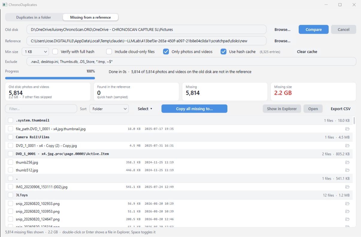ChronoDuplicates after a scan: groups of identical files, the copies to recycle ticked