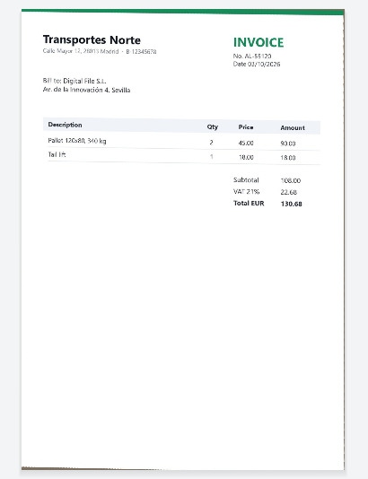 The same delivery note flattened into a straight page