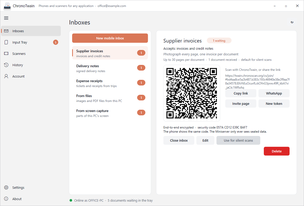 Inboxes with an invite QR code and the end-to-end security code