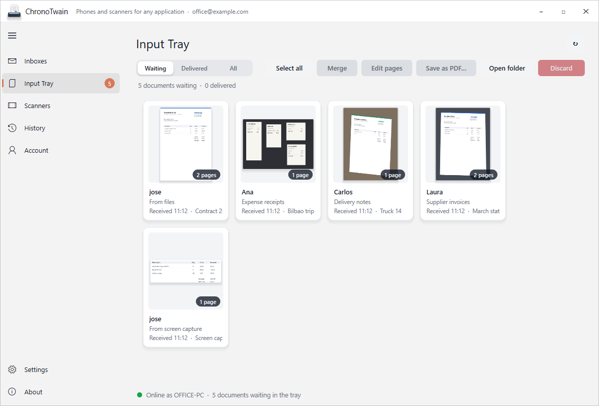 The ChronoTwain Input Tray with documents from three phones, a PDF and a screen capture