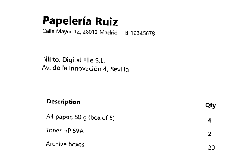 Detail of the same invoice saved as clean black and white