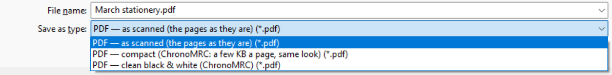 The Save as PDF dialog with its three kinds of PDF