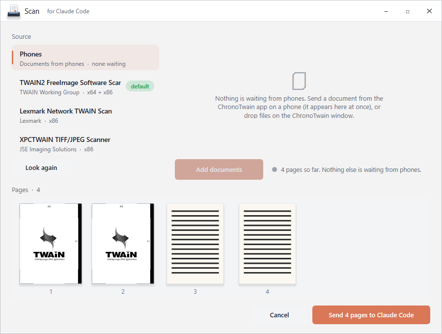 The scan window opened by Claude Code, with pages from a scanner and from a phone