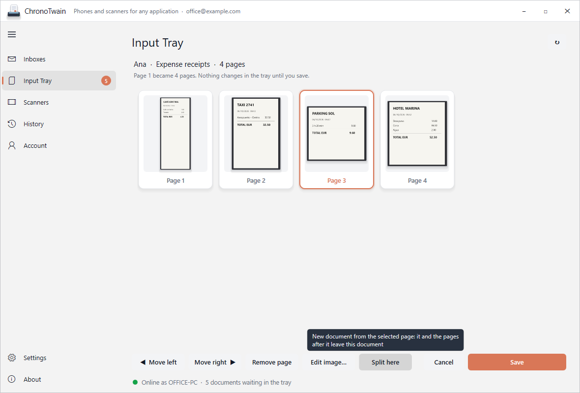 The page editor with page 3 selected and the Split here button
